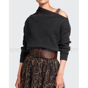 Brunello Cucinelli Cashmere Sweater Monili Chain Cold Shoulder Top Knit Gray S